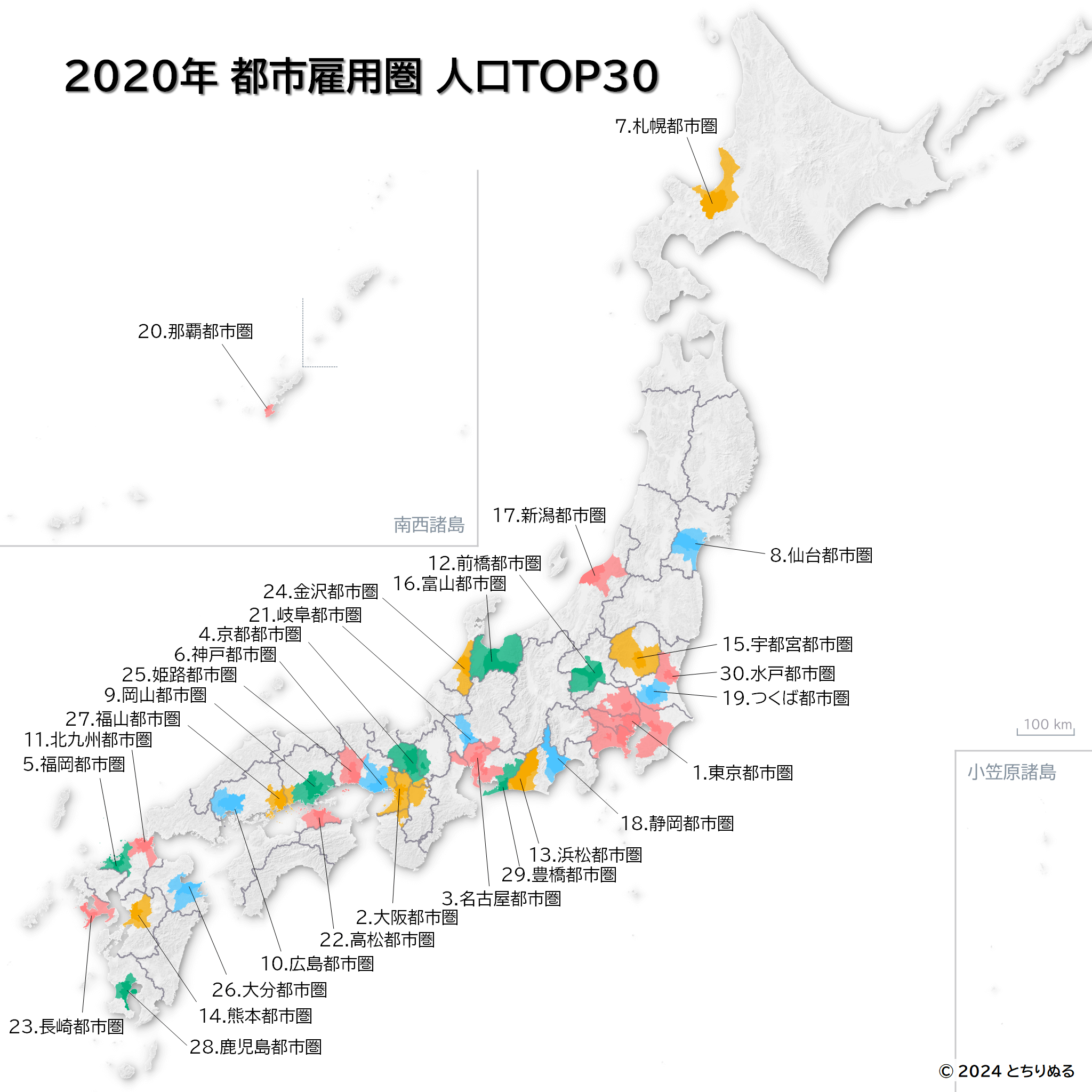 都市雇用圏 人口TOP30（2020年）